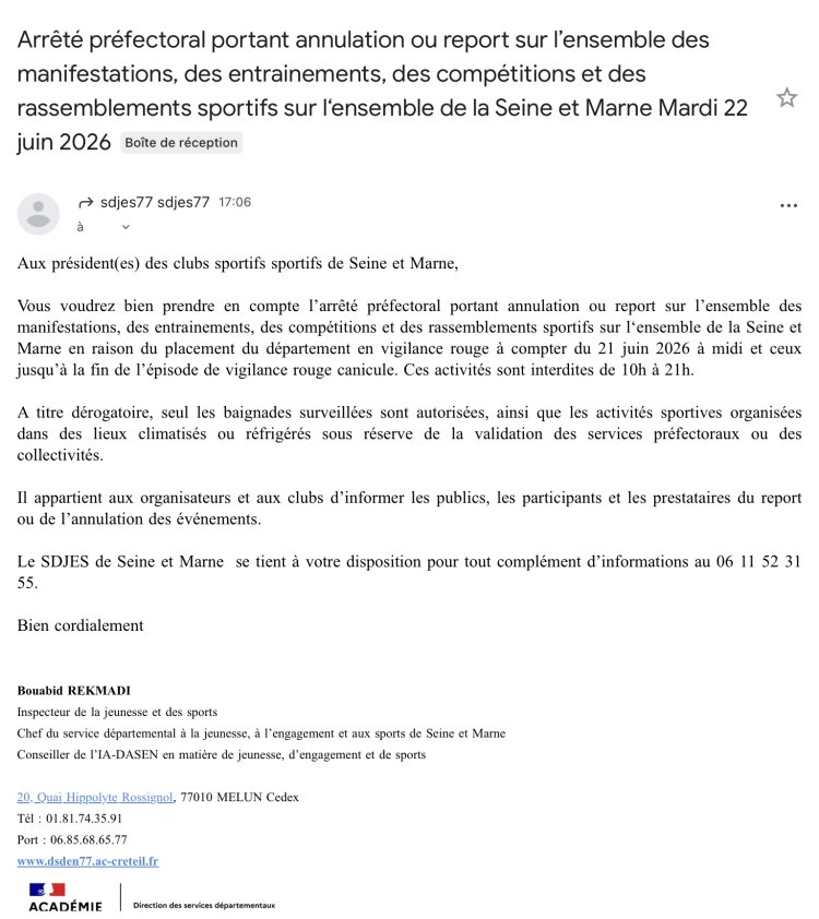 Arrête préfectoral interdisant les entraînements de 10h à 21h pendant la période de vigilance rouge canicule